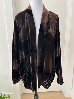 CHICO'S DESIGN Vintage Kimono Style Open Front Jacket Burnout Velvet Beading